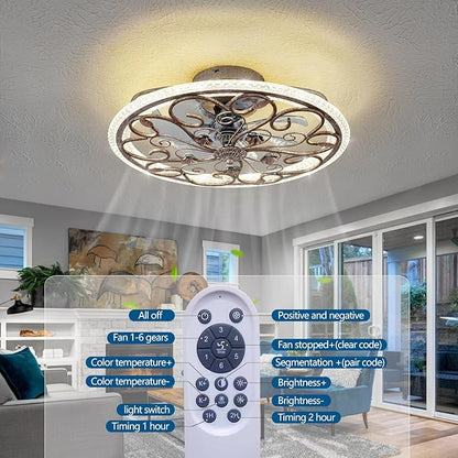 Black RusticCaged Ceiling Fan with Light, Industrial Flower Ceiling Fan with Lights and Remote, LED Low Profile Ceiling Light for Bedroom Kitchen Living Room