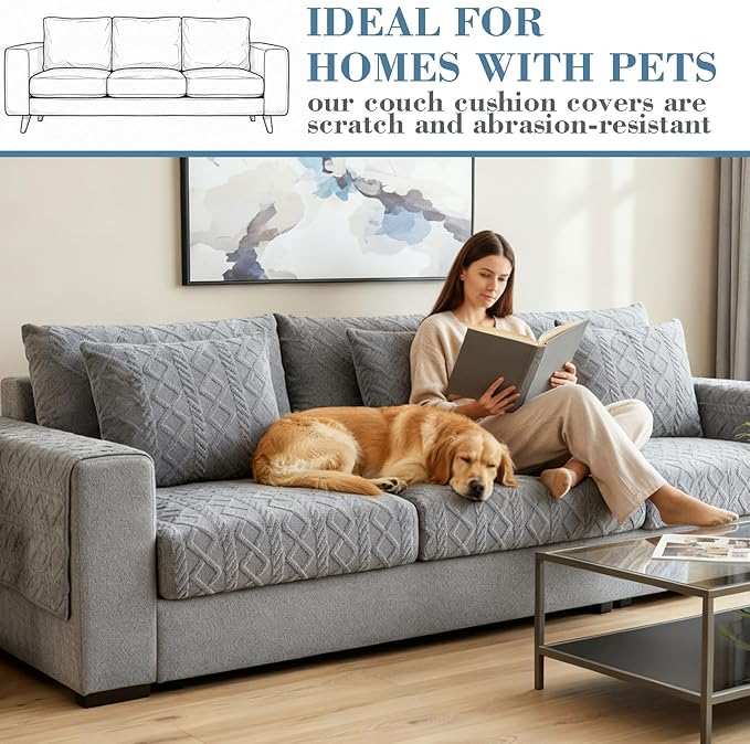 3 Pcs Jacquard Couch Cushion Covers for Sofa Stretch Plush Soft Seat Cover Washable Sofa Slip Covers with Elastic Bottom Modern Boho Furniture Protector for Sectional Slipcovers(Light Gray)