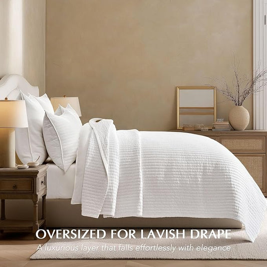 EVERGRACEHOME Cotton Sateen Quilt Set Queen Size, Pre-Washed Cotton Channel Stitch Coverlet Bedspread, 3 Pieces Lightweight Soft Bedding Sets for All Season, with 2 Pillow Shams, Bright White