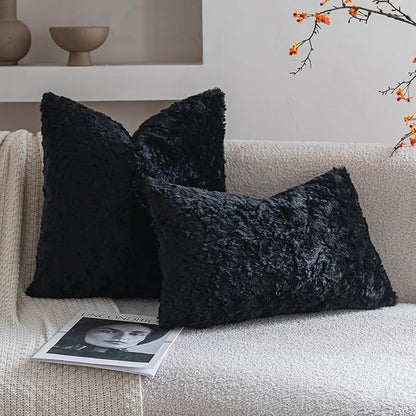 Neelvin Set of 2 Faux Fur Throw Pillow Covers 20x20 Inch Black Cozy Soft Solid Decorative Pillowcases Thick Plush Sheepskin Cushion Case for Chair and Couch Sofa Bedroom