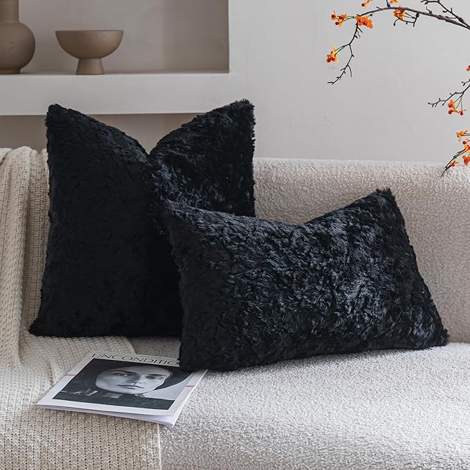 Neelvin Set of 2 Faux Fur Throw Pillow Covers 22x22 Inch Black Cozy Soft Solid Decorative Pillowcases Thick Plush Sheepskin Cushion Case for Chair and Couch Sofa Bedroom