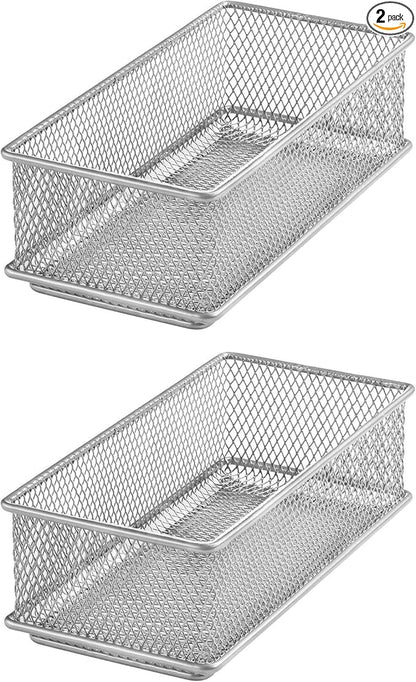 YBM HOME Silver Mesh Drawer Cabinet and or Shelf Organizer Bins, School Supply Holder Office Desktop Organizer Basket (2, 3x6x2 Inch)