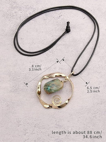 Leather Necklace for Women Boho Choker Necklace Long Cord Leather Pendant Bohemian Neckalce Vintage Alloy Pendant Leather Rope Necklace Wooden Necklaces for Women