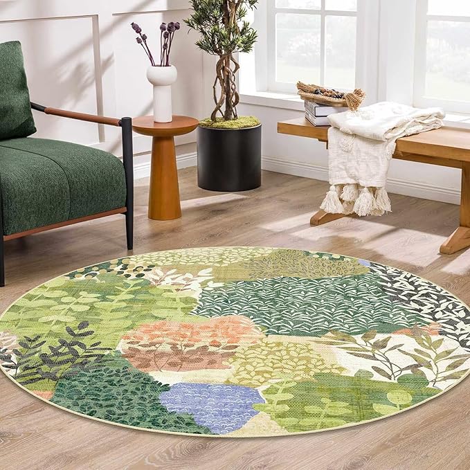 DEXDE Round Rug 5ft Washable Circle Area Rugs Non Slip Low Pile Boho Floral Large Circular Carpet for Bedroom Bathroom Entryway Kids Room Office Dining Room,Green