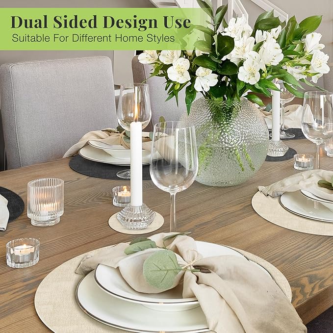13-Inch Faux Leather Round Placemats Set of 4, Waterproof Anti-Slip Dual Sided Place mats, Heat Resistant Washable Table Mats with Coaster, Suitable for Indoor & Outdoor (4, Black Beige)