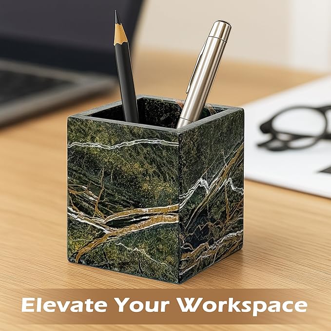 PROLEE Marble Pen Holder, Forest-Inspired Natural Stone Makeup Brush & Toothbrush Holder, Square Marble Container for Candles, Remote Controls, and Bathroom Vanity Organizer (Rainforest Green)