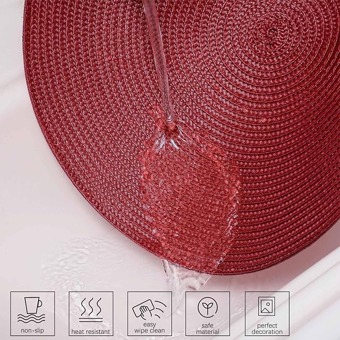 AHHFSMEI Round Braided Placemats 15 Inch Round Table Mats for Dining Tables Natural Woven Heat Resistant Place mats Set of 6 (Burgendy Red)