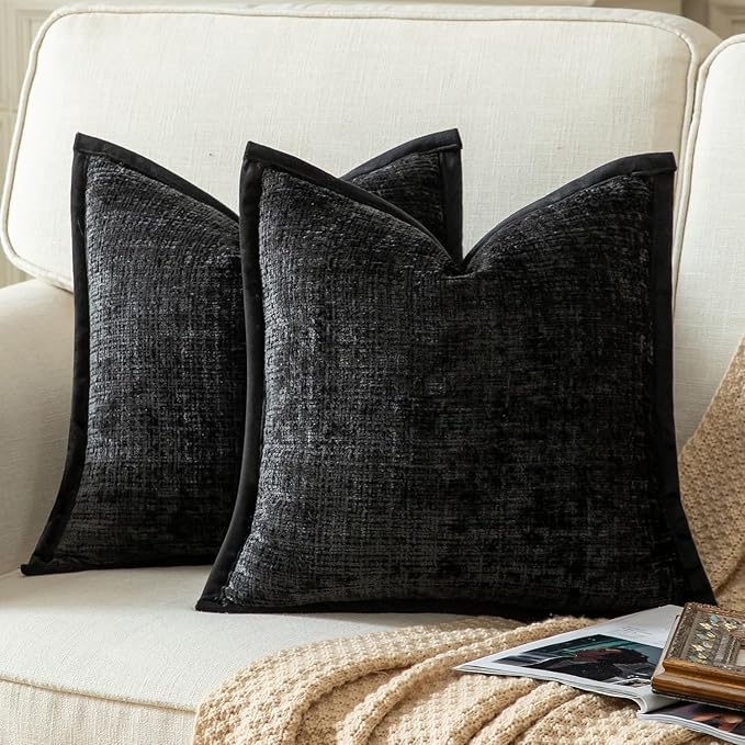 Yaertun Pack of 2 Chenille Textured Decorative Throw Pillow Covers Accent Solid Cushion Cover Soft Cozy Pillow Case with Velvet Back for Couch Sofa Bed Living Room 18x18 Inch Black