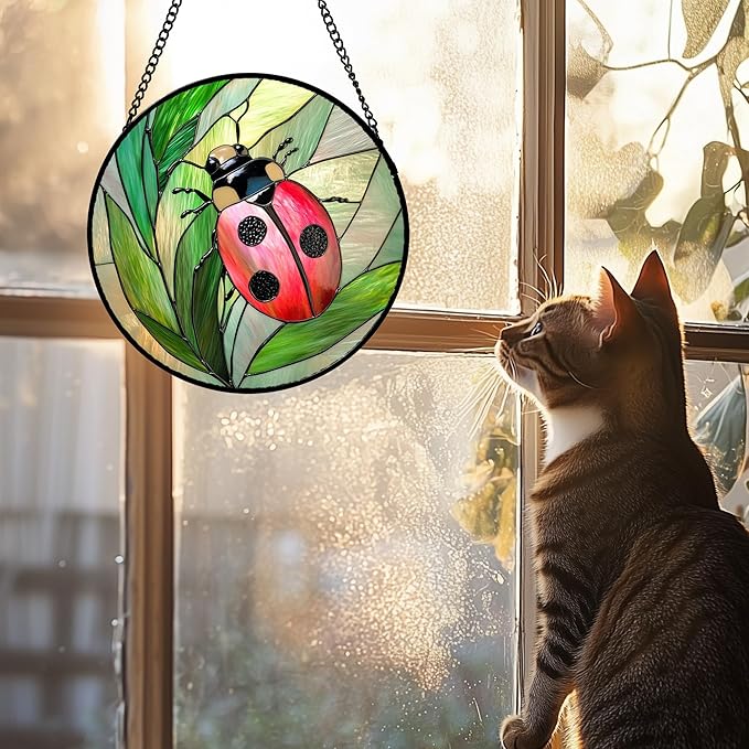 DASTOLL Stained Glass Window Hanging 4 Pcs Set Pink Green Insect Theme 6.3" - Butterfly Suncatcher Door Garden Sun Catcher Decor Birthday Christmas for Mom Woman Nana Men