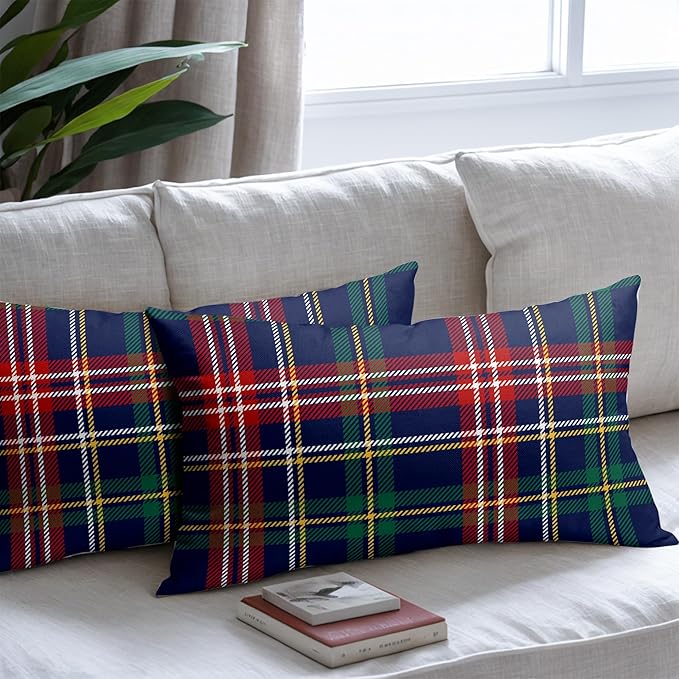 Christmas Tartan Lumbar Pillow Covers 12x20 Set of 2 Navy Blue Green Red Plaid Print Decorative Outdoor Xmas Throw Pillow Cases Winter Holiday Decoration Farmhouse Sofa Couch Cushion Cover Bed Decor