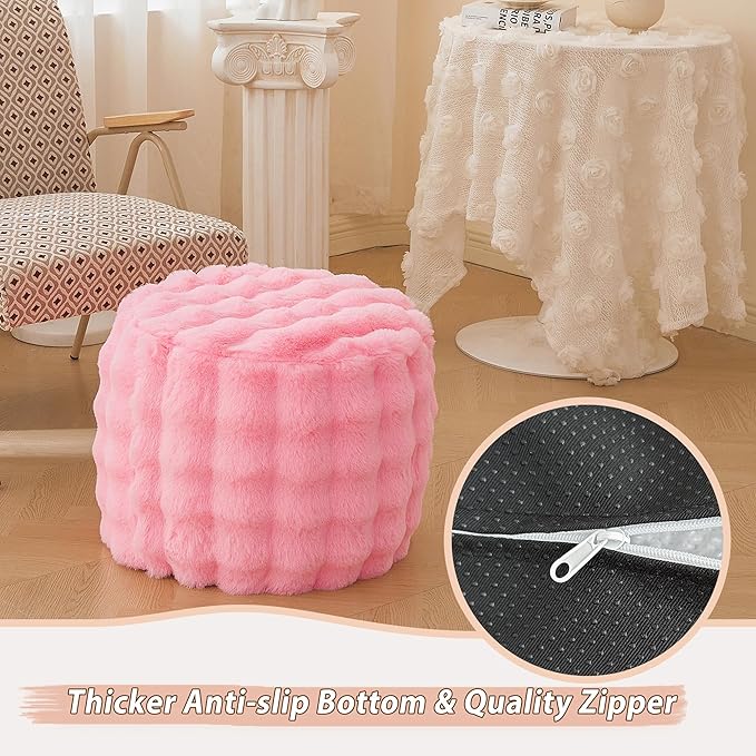 LIFEREVO Faux Rabbit Fur Round Inflatable Pouf Ottoman, 20" X 16" Plush Fuzzy Waffle Bubble Floor Poufs Foot Rest for Living Room Bedroom, Furry Pouf Chair Foot Stool Home Decor, Anti-Slip, Pink