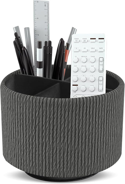 Round Leather Art Supply Organizer,Remote Control Holder,360 Degree Spinning,Multi-Functional Pencil Holder,4 Compartments Desktop Stationary Organizer(1-Wood Black)