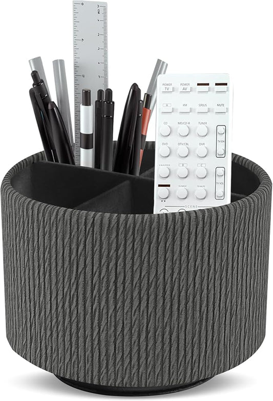 Round Leather Art Supply Organizer,Remote Control Holder,360 Degree Spinning,Multi-Functional Pencil Holder,4 Compartments Desktop Stationary Organizer(1-Wood Black)