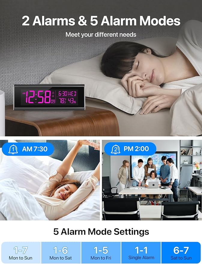 MASHI Alarm Clocks for Bedrooms, 8.54" LED Digital Clock with 9 Color Changing Night Light, Adjustable Brightness, DST,Heavy Sleepers,Temperature for Living Room, Ideal Gift for Kids,Teens,Seniors
