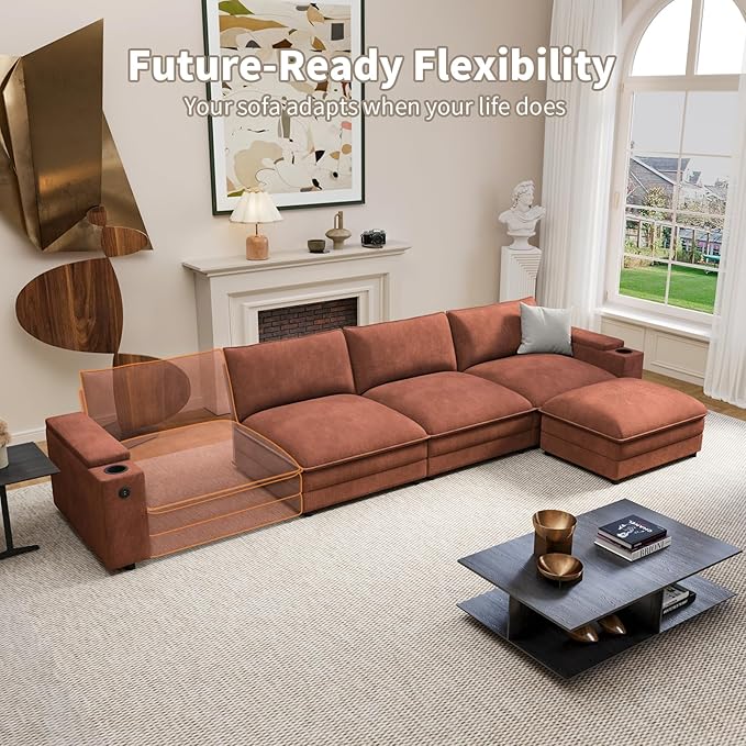 81.5" Loveseat Cloud Sofa Couch with Storage Armrest, Cup Holders, USB & Type-C Ports, Spring Cushions, Solid Wood Frame, Chenille Modular Sectional for Living Room
