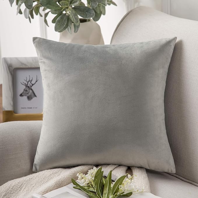 Phantoscope Velvet Decorative Throw Pillow Cover Soft Solid Square Cushion Case for Couch Mist Grey 20 x 20 inches 50 x 50 cm