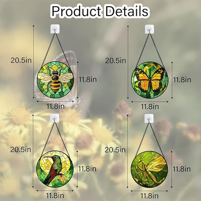 DASTOLL Stained Glass Window Hanging 4 Pcs Set Green Plants Yellow Insect Theme 6.3" - Suncatcher Door Garden Sun Catcher Decor Birthday Christmas for Mom Woman Nana Men