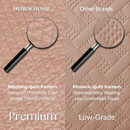 DOWN HOME King Quilt Bedding Set with Shams, Vintage Washed Soft Quilted Blanket Thin Comforter Lightweight Bedspread Coverlet Bed Cover, Brushed Microfiber Stripe Stitching, Desert Blush, 104"x90"