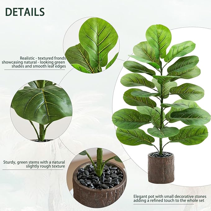 2 Pack Artificial Fiddle Leaf Fig Tree 30in, Large Realistic Faux Ficus Lyrata Plant with Pot Table Top Faux Plant for Indoor Outdoor Home, Office, Living Room, Bathroom Decor (Wood-grain pot, 30in-2)