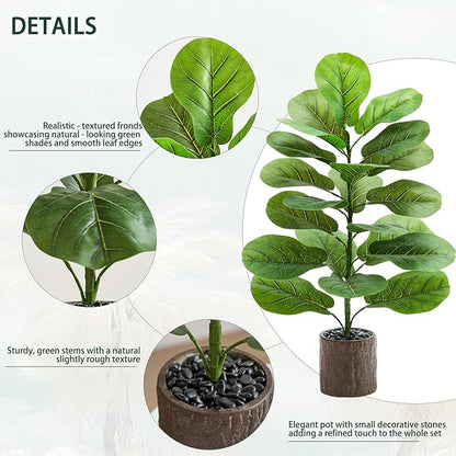2 Pack Artificial Fiddle Leaf Fig Tree 30in, Large Realistic Faux Ficus Lyrata Plant with Pot Table Top Faux Plant for Indoor Outdoor Home, Office, Living Room, Bathroom Decor (Wood-grain pot, 30in-2)