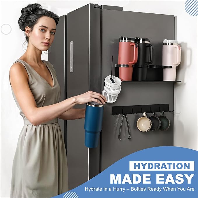 Magnetic Cup Holder for Fridge with 6 Storage Hooks and Tumbler Lid Organizer - Fits 20/30/40 oz Tumblers (Stanley, Owala, Yeti) Strong Magnetic Design - Kitchen Water Bottle Storage Rack
