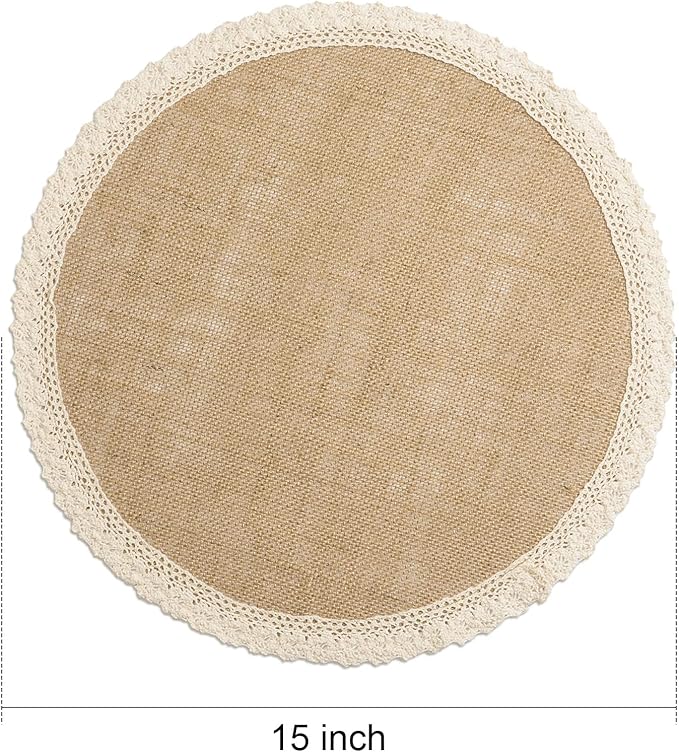 FunWheat Burlap Round Braided Placemats Set of 12 for Dining Tables 15 Inch Heat Resistant Jute Table Mats Farmhouse Woven Fabric Natural Place mats for Fall Decoration(Cotton Lace)