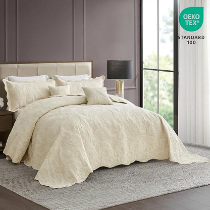 HZ & HY Oversized King Bedspread 128x120 Extra Wide, Quilted Coverlet Bedding Set, Lightweight Thin Comforter, Reversible, Luxurious, 5 Piece, 100% Microfiber, Ivory Yellow