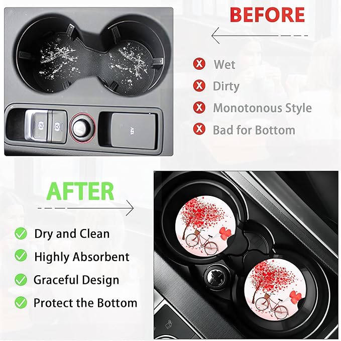 Love Tree Bicycle Cup Holder Coasters for Car,Cute Cup Holder Coasters,2 Pack Anti Slip Ceramic Car Cup Holder Accessories with Finger Notch for Women Men 2.56"