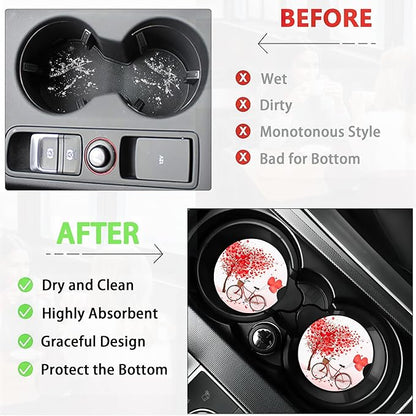 Love Tree Bicycle Cup Holder Coasters for Car,Cute Cup Holder Coasters,2 Pack Anti Slip Ceramic Car Cup Holder Accessories with Finger Notch for Women Men 2.56"