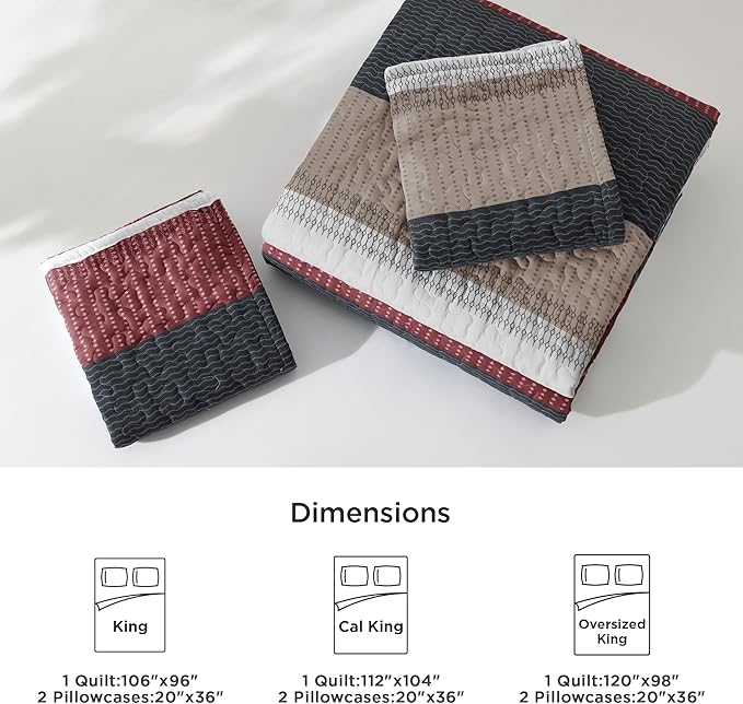 Litanika Quilt King Size Black and Red, Stripe Patchwork Summer Bedspread Coverlet 3 Pieces, Soft Lightweight Microfiber Quilted Bedding Set for All Season(1 Quilt, 2 Pillowcases)