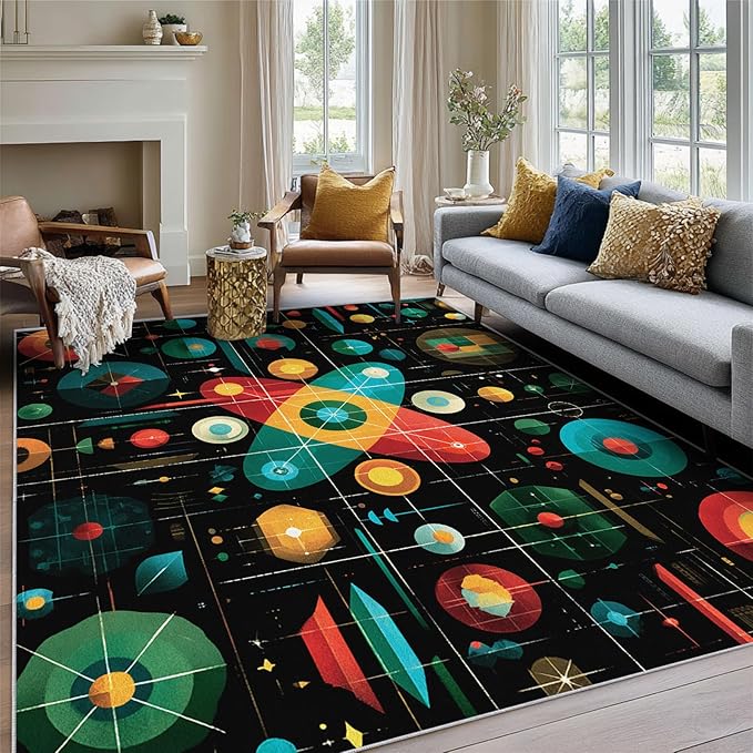 Mid Century Rug 6x9 Retro Abstract Space Geometric Pattern, Washable Living Room Bedroom Area Rugs, Mid Century Decor for Home, Soft Non Slip Indoor Carpet, Low Pile Design & G855