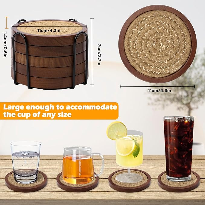 Mckanti 5 Pack Wooden Coasters with Holder for Coffee Table Decor, Absorbent for Kinds of Cups, 4.3 Inches