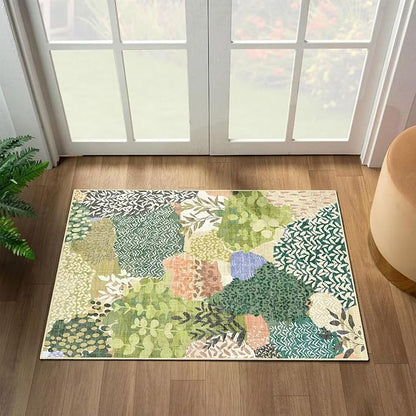 DEXDE 2x3 Area Rug, Small Boho Rugs Entryway Doormat Indoor Machine Washable Non-Slip Abstract Botanical Leaves Floral Print Floor Carpet for Living Room, Bedroom, Office, Kids Playroom,Green