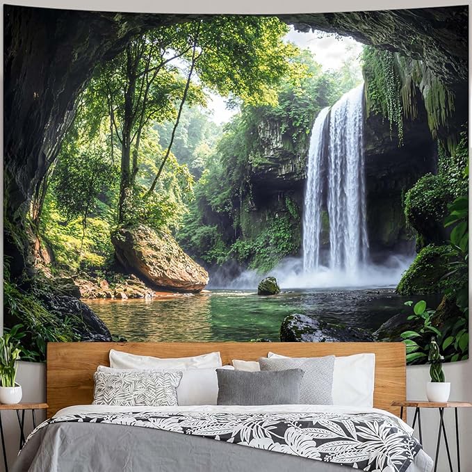 kampdream Landscape Tapestry, Scenery Art Wall Tapestries, Nature Wall Decor for Bedroom Living Room Backdrop Cave Waterfall 44×60 inches