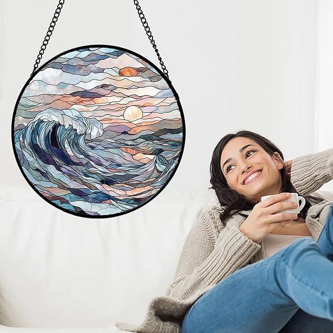 DASTOLL Stained Glass Window Hanging, Sunrise Waves Sun Catchers Diamond Glass Panel Hangings Abstract Suncatcher Decor for Birthday for Women, Men, Wife, Aunt, and Mom 14.9x14.9 in