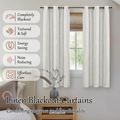 Linen Blackout Curtains for Bedroom Narrow Window, Thermal Insulated Complete Light Blocking Privacy Soundproof Small Curtains for Basement, Each 38 Inch Wide 63 Inch Length 2 Panels, Light Grey