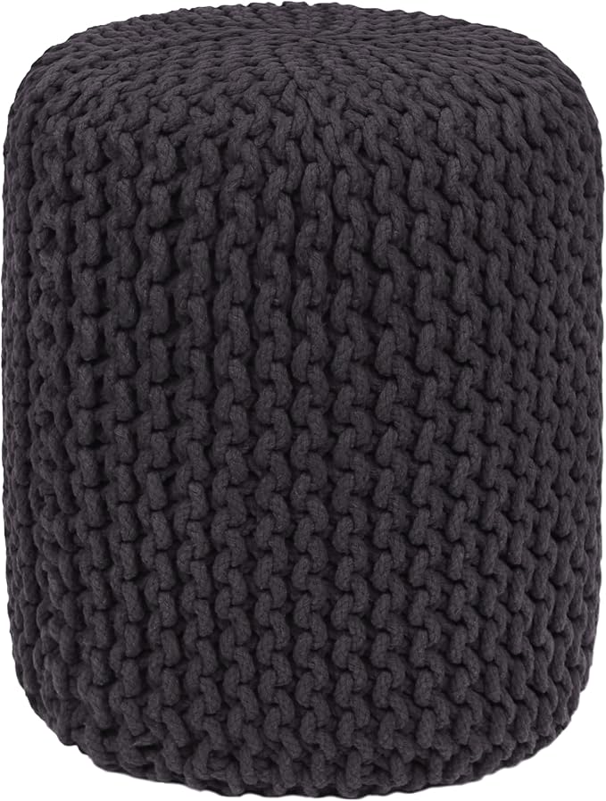 COTTON CRAFT Braided Round Pouf - Hand Knitted Cotton Cord Cable Dori Cylindrical Floor Pouf - Foot Stool Ottoman Footrest - Accent Seat - Living Room Bedroom Dorm Décor - 15 Round x 16 H - Grey