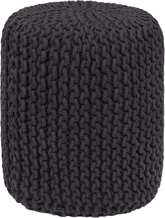 COTTON CRAFT Braided Round Pouf - Hand Knitted Cotton Cord Cable Dori Cylindrical Floor Pouf - Foot Stool Ottoman Footrest - Accent Seat - Living Room Bedroom Dorm Décor - 15 Round x 16 H - Grey