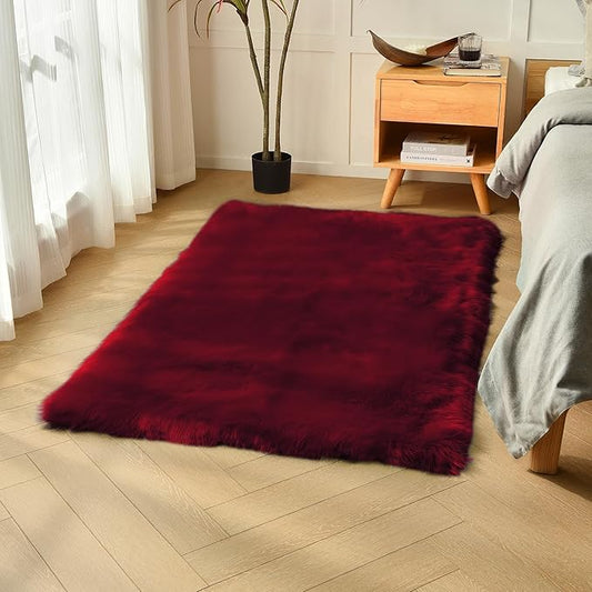 duduta Burgundy Faux Fur Rug 3x5 ft for Nursery Girls Bedroom, Fluffy Shag Rectangle Sheepskin Rug Machine Washable