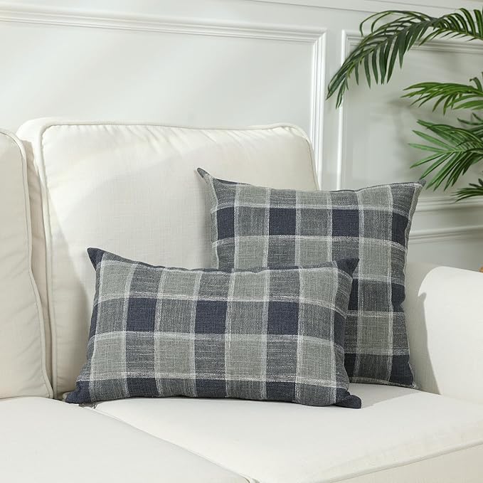 Stellhome Pack of 2 Lumbar Linen Buffalo Check Throw Pillow Covers Farmhouse Plaid Cushion Cover Rustic Retro Decor for Bed Couch Sofa Bench, 12 x 20 Inch, Dark Grey