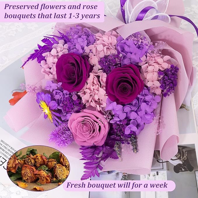 Preserved Flowers Bouquets That Last 3-5 Years Real Forever Flowers Rose Bouquet for Mom Anniversary Birthday Thanksgiving Christmas Gift for Women Grandma Wife Friends Her