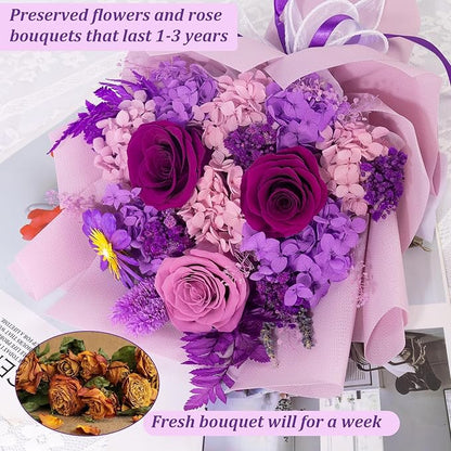 Preserved Flowers Bouquets That Last 3-5 Years Real Forever Flowers Rose Bouquet for Mom Anniversary Birthday Thanksgiving Christmas Gift for Women Grandma Wife Friends Her