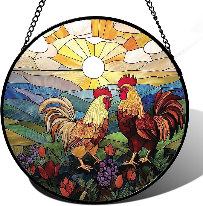 Stained Glass Window Hanging, Countryside Scenery Chicken Sun Catcher for Door Home Decor Sunrise Suncatcher Christmas Mother's Day Birthday Gifts for Women Men Mom Nana 7.8 in