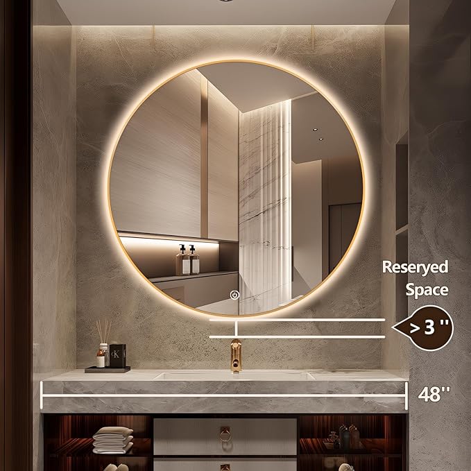 48" Round LED Bathroom Mirror, Wall Mounted Round Backlit Mirror LED Bathroom Vanity Mirror with Lights Fog Free Circle Lighted Mirror with Gold Frame, Smart Light up Mirror 3-Color