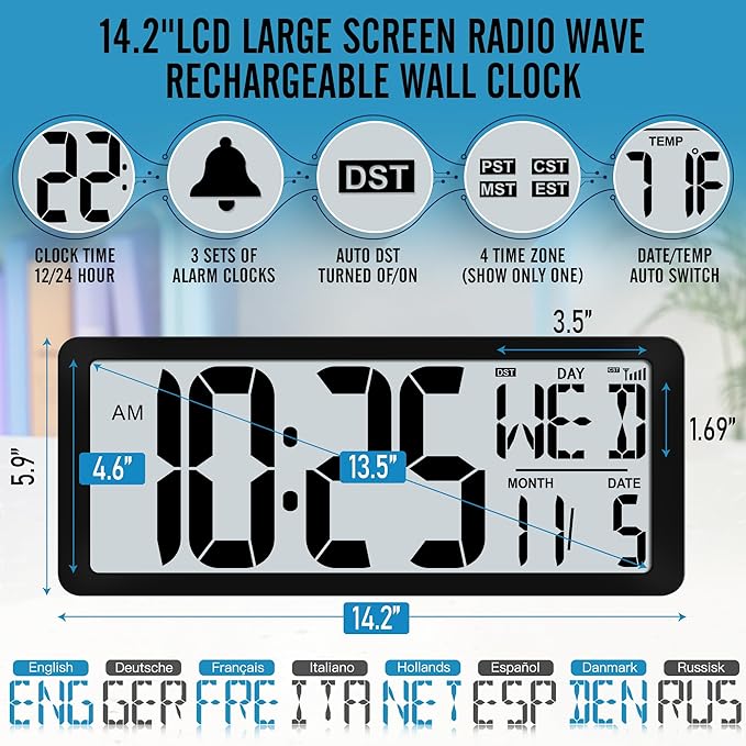 4.6" Numbers Display Built-in Rechargeable Power 15" Atomic Black Wall Clock -Night Display-Never Needs Setting!-Easy to Read Numbers-Never Need Replace Battery