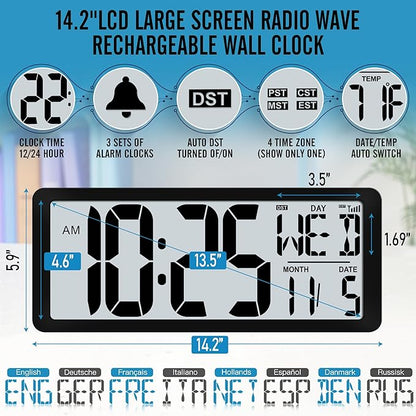 4.6" Numbers Display Built-in Rechargeable Power 15" Atomic Black Wall Clock -Night Display-Never Needs Setting!-Easy to Read Numbers-Never Need Replace Battery