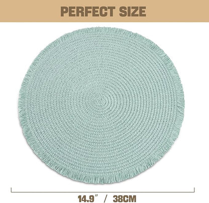 15 Inch Set of 6 Round Woven Placemats Braided Paper Heat Resistant Table Mats with Fringe Tassel Boho Indoor Outdoor Table Placemats for Dining Tables (Turquoise)