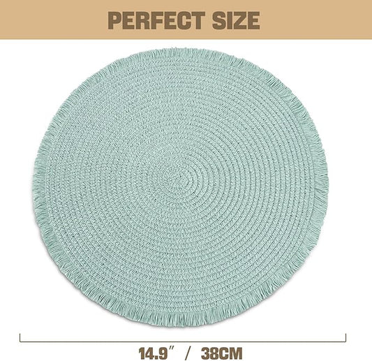 15 Inch Set of 6 Round Woven Placemats Braided Paper Heat Resistant Table Mats with Fringe Tassel Boho Indoor Outdoor Table Placemats for Dining Tables (Turquoise)