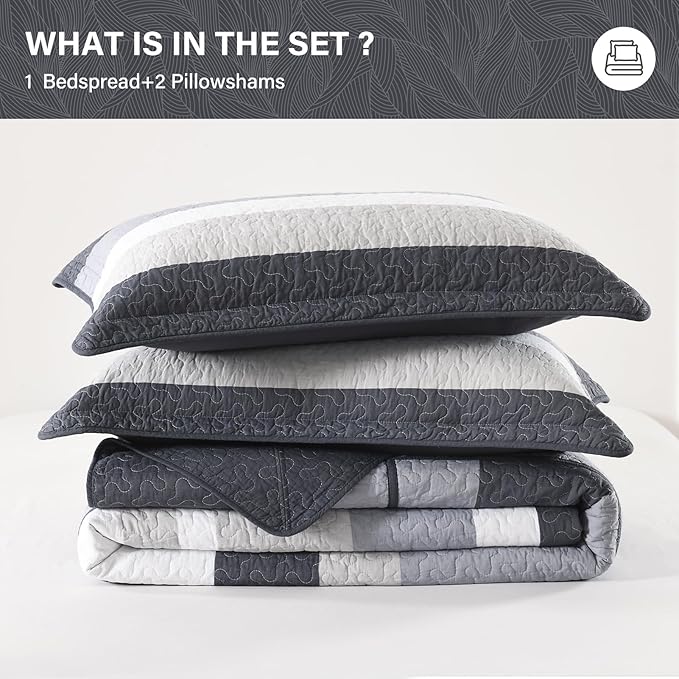 SahSahCasa 128"x120" 100% Cotton Oversized California King Bedspread Coverlet Striped Quilt Set, Cal King Quilted Bedspread Extra Large Quilt, XL Bed Spread Lightweight Comforter, Dark Slate Gray