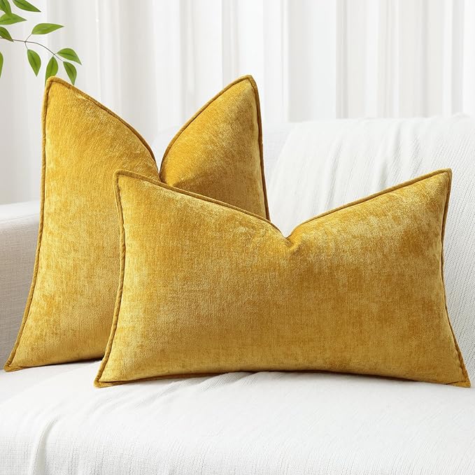 decorUhome Spring Couch Euro Sham Throw Pillow Covers 26x26 Set of 2, Decorative Soft Velvet Neutral Chenille Pillow Covers with Elegant Design for Sofa Bed Living Room Home Decor, Mineral Yellow